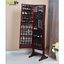 China New design standing wooden full length mirrored jewelry organizer cabinet with inside fabric bags GLD13362 manufacturer