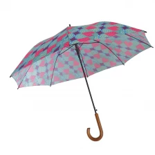 China 27Inch * 8k Check Print Fabric Blcak Wooden Curved Handle OEM Straight Umbrella manufacturer