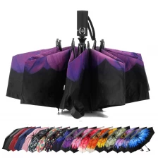 China Wholesale upside down windproof Print Inside automatic 3 folding inverted reverse umbrella with Black UV Coating manufacturer