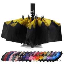 China Wholesale upside down windproof Sunflower Print Inside automatic 3 folding reverse umbrella with Black UV Coating manufacturer