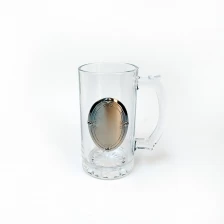 China Clear glass mug supplier in China, drinking glasses glass with badge, manufactured glass cups and mugs suppliers manufacturer