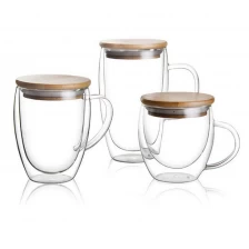 Çin Double wall glass coffee cup mug with bamboo lid double layer glass cups for tea and coffee üretici firma
