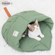 China Nature Linen Cat Bed Pet House Leaf Design Cat Cave Sleeping Cozy Bedding manufacturer