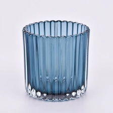 China wholesale Modern Ribbed Glass Candle Vessels with blue color decor manufacturer