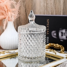 China 530ml GEO Embossed Glass Candle Jars With Lids Custom Color Glass Candle Vessels manufacturer