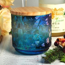 China Empty Embossed Fox Pattern Holographic Glass Candle Jar With Lids manufacturer