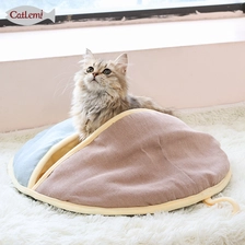 China Designer Moon Fan Cozy Cat Cave Ombre Color Linen Nature Cat Sleeping Bed for Winter manufacturer