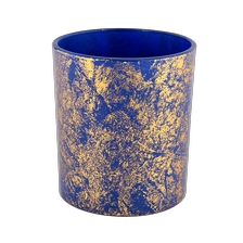 China Decorative golden printing dust with blue glass candle jars in bulk manufacturer