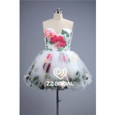 China 2016 latest trendy under tulle flowers and leaves short evening dress manufacturer