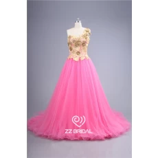 China 2016 latest yellow guipure lace appliqued one-shoulder pink wedding dress China manufacturer