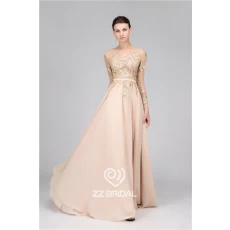 China A-Line sequined long sleeve belt nude long evening dress made in China manufacturer
