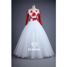 الصين صور حقيقية من الكتف طويلة الأكمام الدانتيل الأحمر appliqued الديكور ثوب الكرة الصانع وفستان الزفاف الصانع