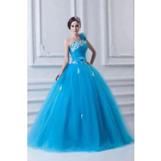 China Blue appliques ruffle one shoulder ball gown cheap prom dress 2019 manufacturer