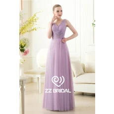 China China new arrival v-neck and v-back ruffled beaded light purple long evening gown manufacturer