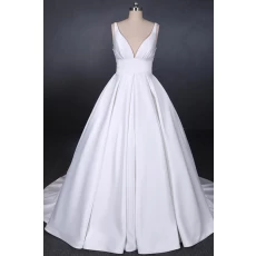 China Elegant Deep V Neck Backless Sheer Real Image Simple Wedding Dresses Ruffled Satin Bridal Gowns manufacturer