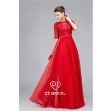 China Elegante Perlen Guipure-Spitze halben Hülse roten langen Abendkleid Made in China Hersteller