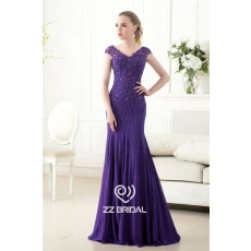 China Elegant cap sleeve beaded sequined v-back mermaid purple long evening dress supplier manufacturer