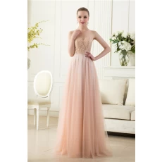 China Elegant invisible tulle sleeveless beaded floor length nude long evening dress factory manufacturer