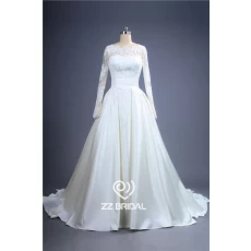 China Elegant satin long sleeve lace appliqued illusion A-Line wedding gown manufacturer manufacturer
