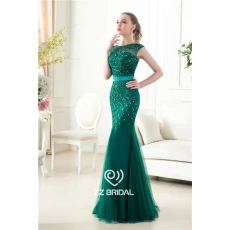 China Fashionable cap sleeve beaded o-neck mermaid dark green evening gown factory manufacturer