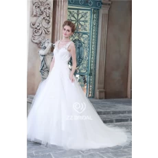 China High custom made v-neck sash with beadings backless a-line wedding dress made in China manufacturer