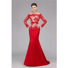 China High quality long sleeve off shoulder beaded long red mermaid evening dress supplier manufacturer