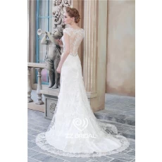 China Hot online v-neck see through back cap sleeve lace bottom mermaid wedding dress manufacturer