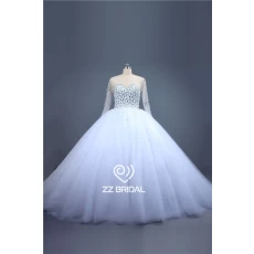 الصين فاخر مطرز مغرفة العنق طويل الأكمام مصنع ثوب الكرة الأميرة فستان الزفاف الصانع