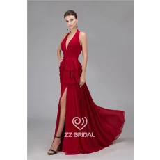 中国 最时尚V领露背抓褶酒红色长晚装制造商 制造商