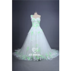 China New one shoulder sweetheart neckline appliqued with handmade green flowers wedding dress manufacturer