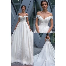 China Off-Shoulder 2019 Wedding Dress Bridal Gown a line lace fabric Bridal Dresses manufacturer