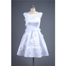 China Pure white satin cap sleeve scoop neckline handmade flowers short evening gown manufacturer
