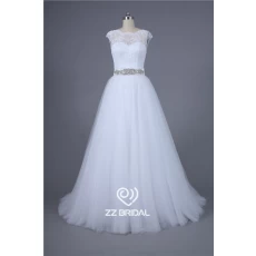 China Reale Abbildungen mit Flügelärmeln Perlen Gürtel v-back weiche Spitze a-line Hochzeitskleid Hersteller Hersteller