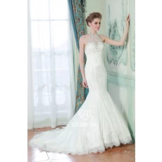China Sign sewing beads hanging neck sleeveless lace applique trailing fishtail wedding dress manufacturer
