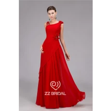 China Real pictures ruffled red chiffon evening dress with handmade flowers China manufacturer