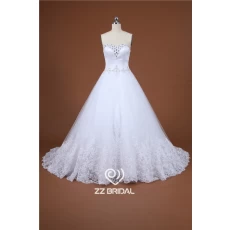 China Top kant geappliceerd kralen lieverd hals gele lace-up A-lijn bruids jurk fabrikant