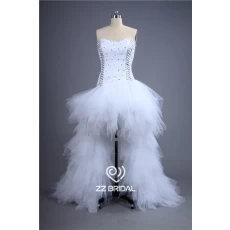 China Trendy design appliqued short front long back strapless beaded bridal dress factory manufacturer