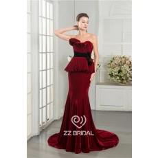 China Trendy style ruffled belt with black handmade flowers Claret-red velvet full length evening dress supplier manufacturer