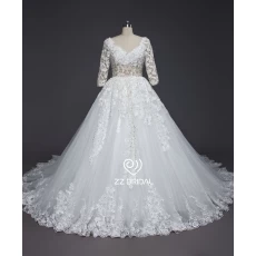 China ZZ bridal 2017 V-neck and V-back lace appliqued A-line wedding dress manufacturer
