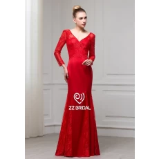 China ZZ bridal 2017 V-neck and V-back lace appliqued red evening dress manufacturer