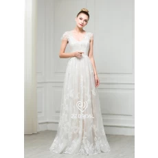 China ZZ bridal 2017 V-neck cap sleeve lace appliqued A-line wedding dress manufacturer