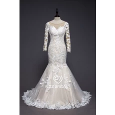 China ZZ bridal 2017 long sleeve V-back lace appliqued mermaid wedding dress manufacturer