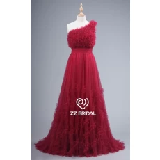 China ZZ bridal 2017 one shoulder ruffled red long evening dress manufacturer