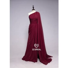China ZZ bridal 2017 one shoulder scarf ruffled claret-red long evening dress manufacturer