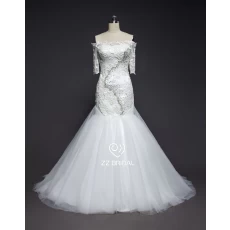 China ZZ bruids 2017 rechte hals kant opgestikte en kraaltjes trouwjurk fabrikant