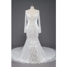 China ZZ bridal V-neck and long sleeve scarf lace wedding dress manufacturer