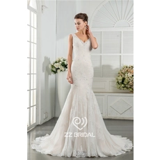 Chine Les images réelles V -Neck voir à travers la dentelle de retour appliqued fabricant de robe de mariée de mariée fabricant