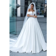 الصين Elegant Deep V Neck Simple Real Image Long Train Wedding Dresses Ruffled Satin Bridal Gowns 2019 الصانع