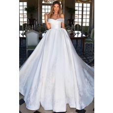 China Luxo elegante Long Train Fora Do Ombro Frisada Lace Real Imagem Vestidos de Casamento Italiano Cetim Vestidos de Noiva 2019 fabricante
