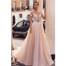الصين Vestido دي الرباط الشمبانيا طويل الأكمام الوهم فستان الزفاف ألف خط أثواب الزفاف 2019 الصانع